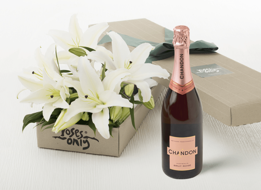 12 WHITE LILIES GIFT BOX & CHANDON ROSE 750ML