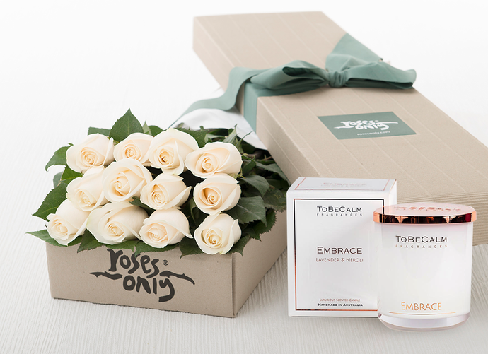 12 White Cream Roses Gift Box & Scented Candle