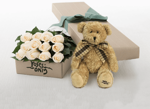 12 White Cream Roses Gift Box & Teddy Bear