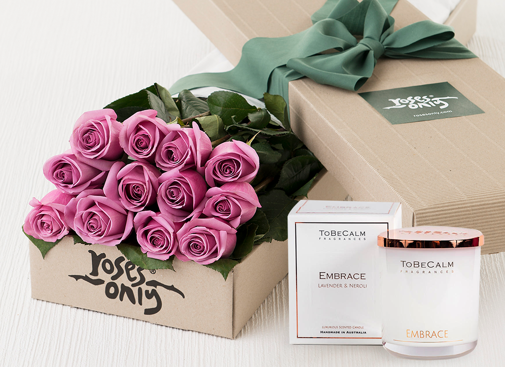 12 Mauve Roses Gift Box & Scented Candle