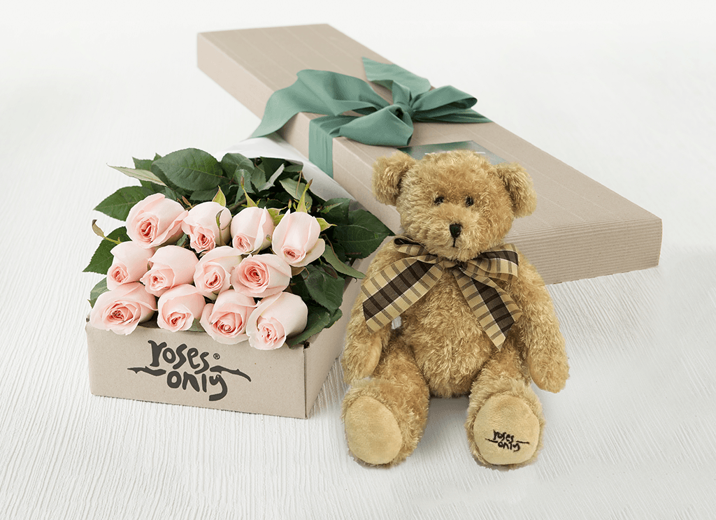 12 Pastel Pink Roses Gift Box & Teddy Bear