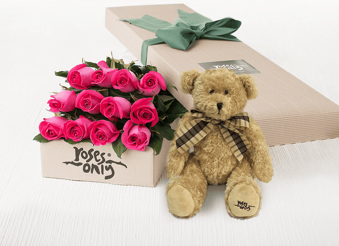 12 Bright Pink Roses Gift Box & Teddy Bear