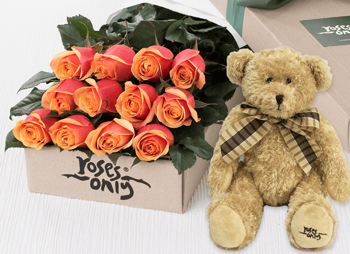 12 Cherry Brandy Roses Gift Box & Teddy Bear