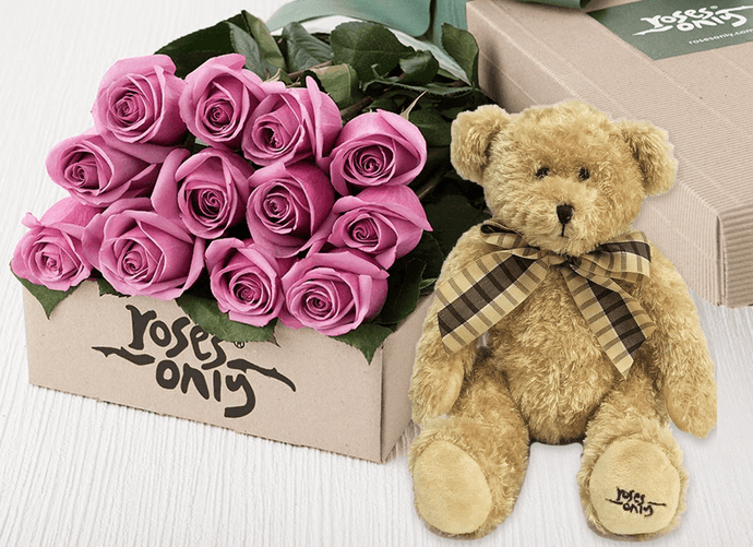 12 Mauve Roses Gift Box & Teddy Bear
