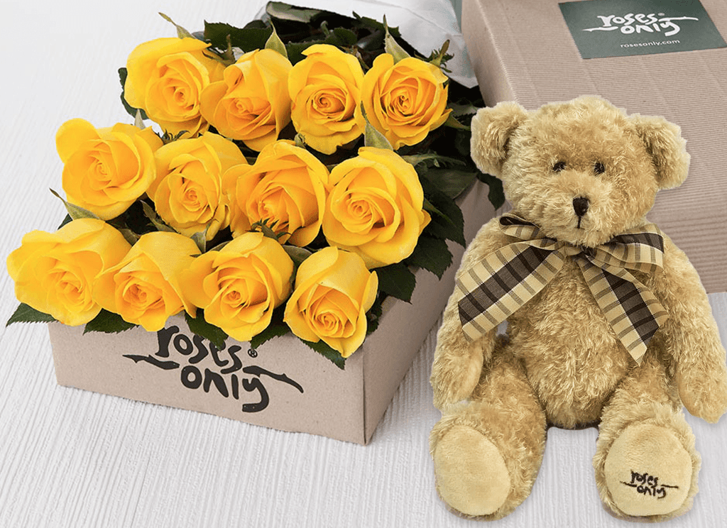 12 Yellow Roses Gift Box & Teddy Bear