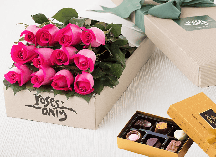 12 Bright Pink Roses Gift Box & Chocolates