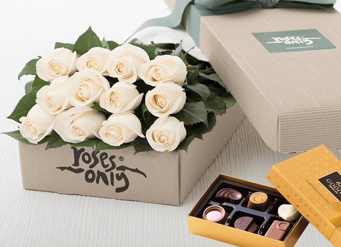 12 White Cream Roses Gift Box & Chocolates