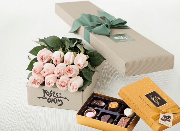 12 Pastel Pink Roses Gift Box &  Chocolates