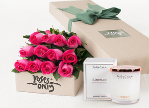 12 Bright Pink Roses Gift Box & Scented Candle