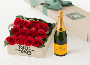 12 Red Roses Valentines Gift Box & VEUVE CLICQUOT 375ML