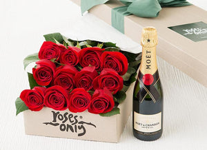 12 Red Roses Valentines Gift Box & Moet & Chandon 375mL
