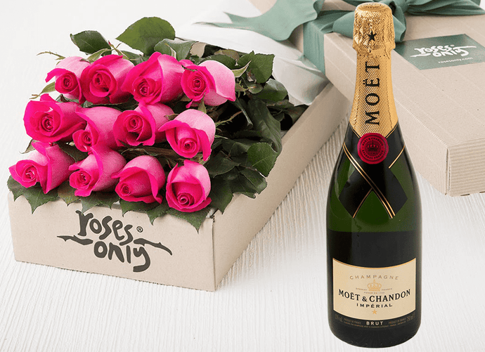 12 Bright Pink Roses Gift Box & Champagne