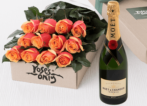 12 Cherry Brandy Roses Gift Box & Champagne