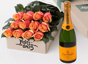 12 Cherry Brandy Roses Gift Box & Champagne