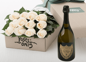 12 White Cream Roses Gift Box & Champagne