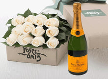 12 White Cream Roses Gift Box & Champagne