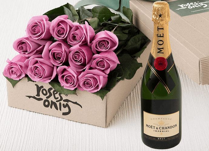 12 Mauve Roses Gift Box & Champagne