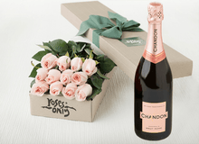 12 Pastel Pink Roses Gift Box & Champagne