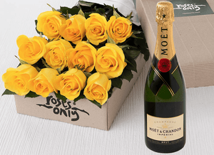 12 Yellow Roses Gift Box & Champagne