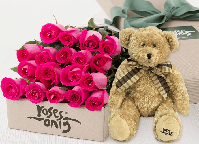 18 Bright Pink Roses Gift Box & Teddy Bear