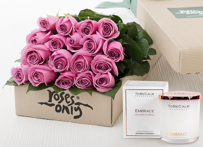 18 Mauve Roses Gift Box & Scented Candle