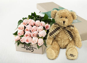 18 Pastel Pink Roses Gift Box & Teddy Bear