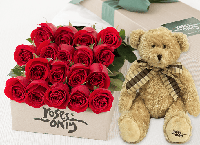 18 Red Roses Gift Box & Teddy Bear
