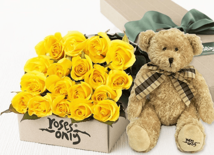 18 Yellow Roses Gift Box & Teddy Bear