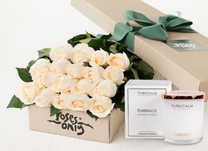 18 White Cream Roses Gift Box & Scented Candle