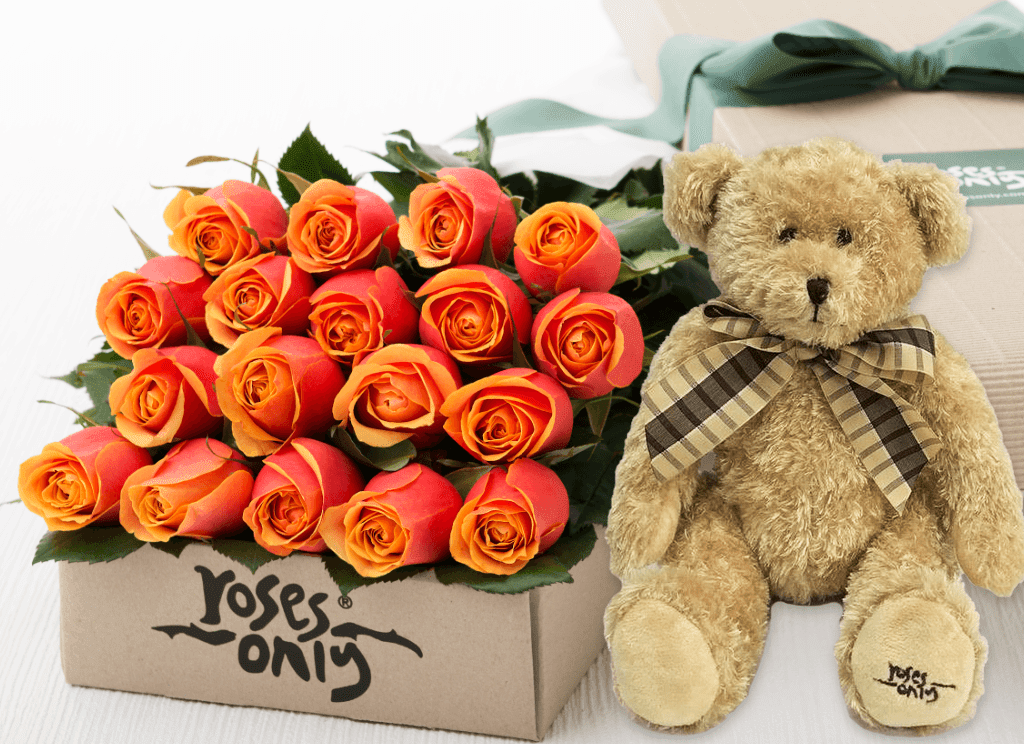 18 Cherry Brandy Roses Gift Box & Teddy Bear