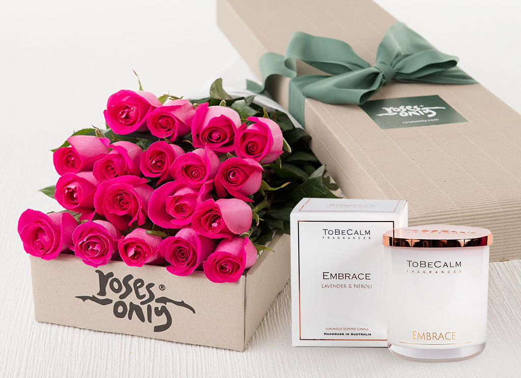 18 Bright Pink Roses Gift Box & Scented Candle
