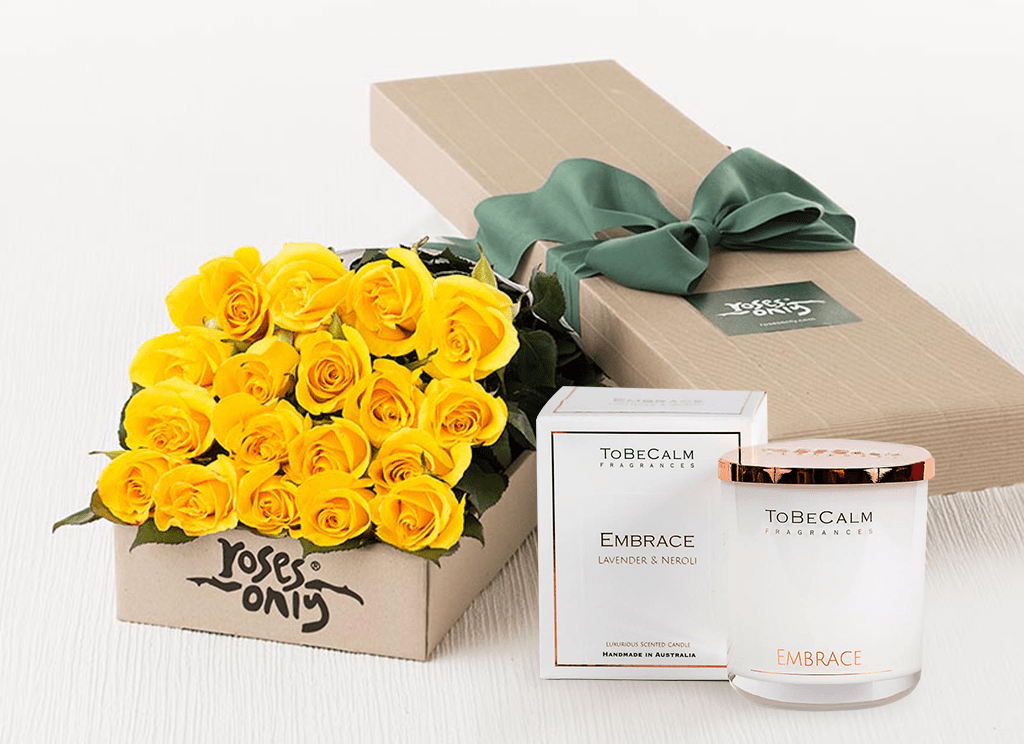 18 Yellow Roses Gift Box & Scented Candle