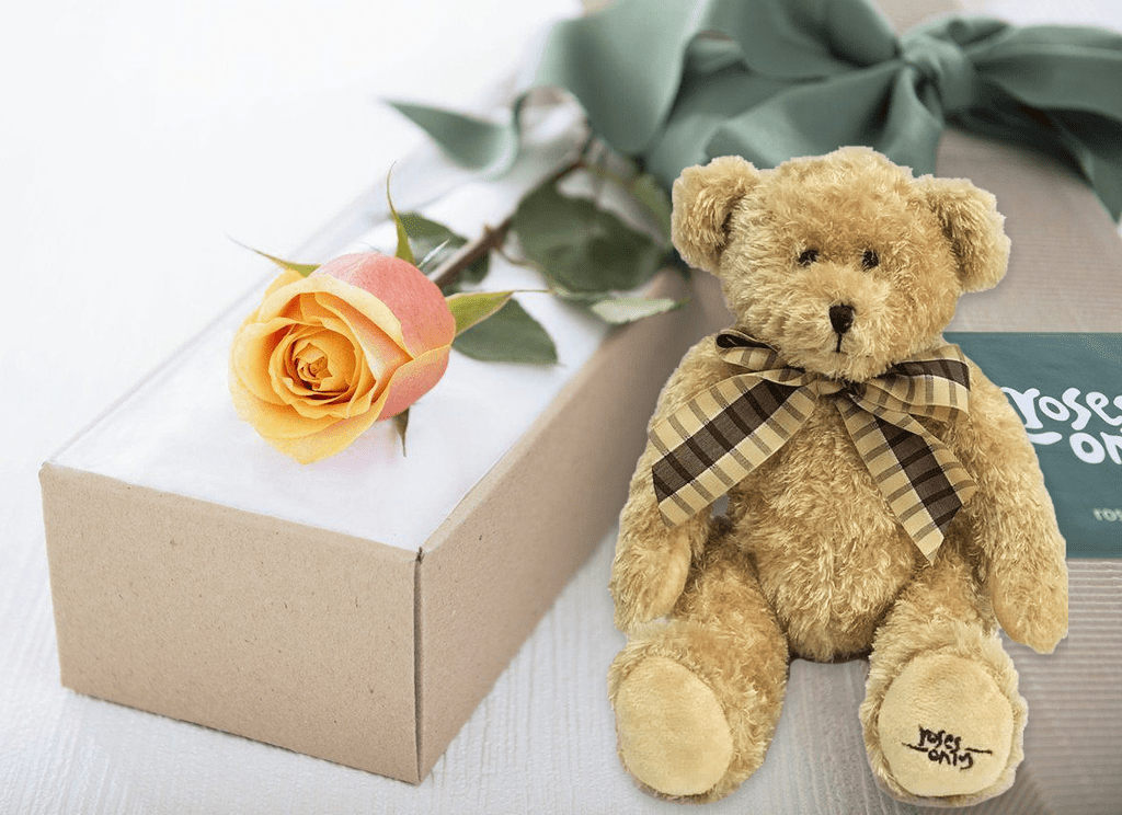 Single Cherry Brandy Rose Gift Box & Teddy Bear