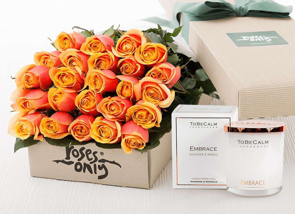 24 Cherry Brandy Roses Gift Box & Scented Candle