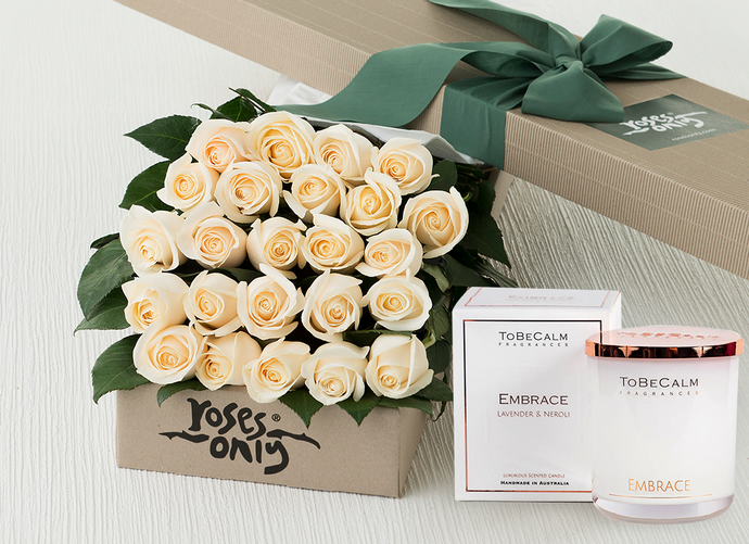 24 White Cream Roses Gift Box & Scented Candle