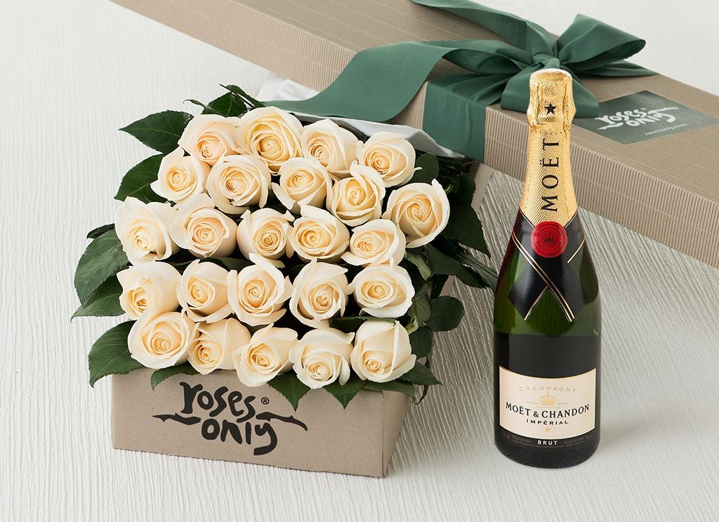 24 White Cream Roses Gift Box & Champagne