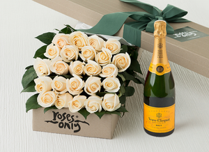 24 White Cream Roses Gift Box & Champagne