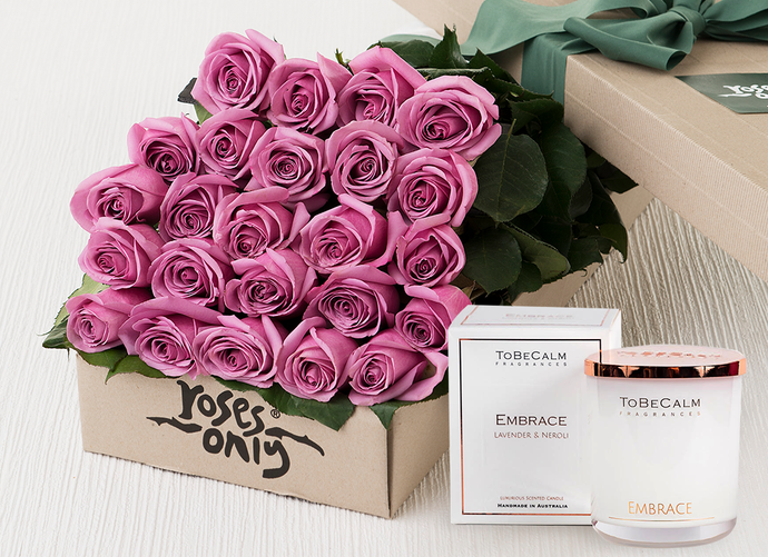 24 Mauve Roses Gift Box & Scented Candle