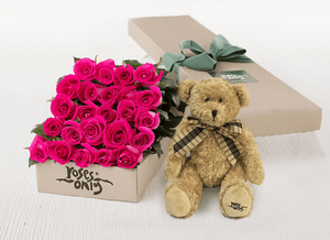 24 Bright Pink Roses Gift Box & Teddy Bear