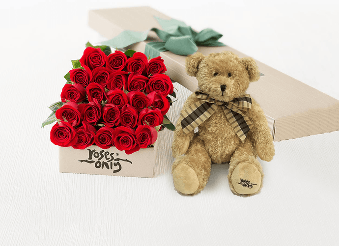 24 Red Roses Valentines Gift Box & Teddy Bear