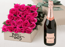 24 Bright Pink Roses Gift Box & Champagne