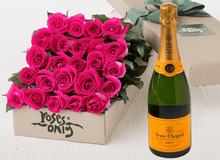 24 Bright Pink Roses Gift Box & Champagne