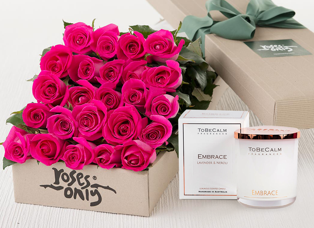 24 Bright Pink Roses Gift Box & Scented Candle