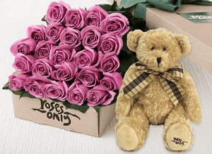24 Mauve Roses Gift Box & Teddy Bear