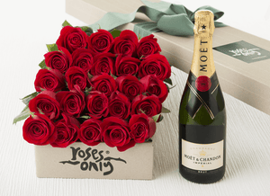 24 Red Roses Valentines Gift Box & Moet & Chandon 750mL