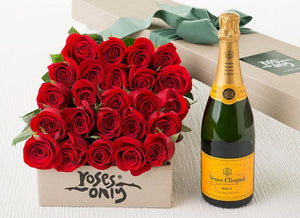 24 Red Roses Valentines Gift Box & Veuve Clicquot 750mL