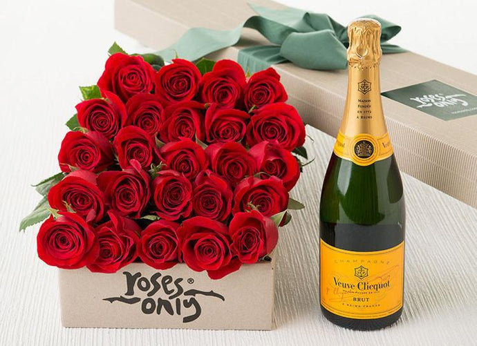 24 Red Roses Valentines Gift Box & Veuve Clicquot 750mL