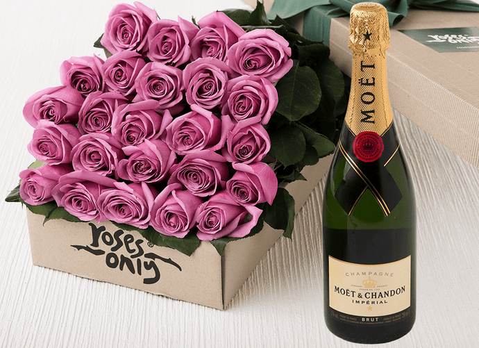 24 Mauve Roses Gift Box & Champagne