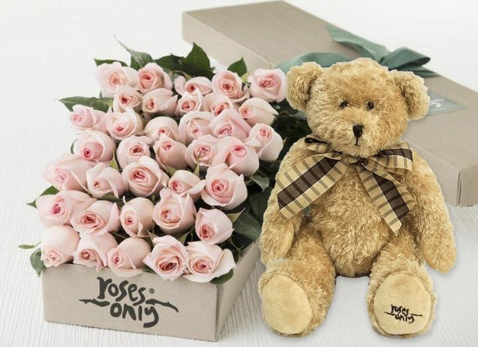 36 Pastel Pink Roses Gift Box & Teddy Bear