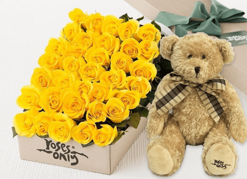 36 Yellow Roses Gift Box & Teddy Bear